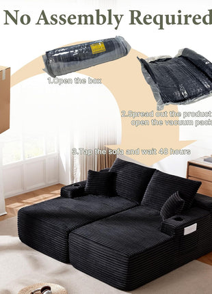 Oversized 69" Boneless Chaise Lounge Chair with Cup Holders and Storage Pockets – Plush Modular Sofa in Black for Superior Comfort
