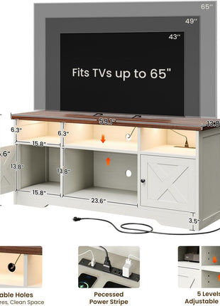 65-Inch Farmhouse TV Stand - Entertainment Center with Power Outlet, LED Lighting, and Storage Cabinets for Living Room and Bedroom in White Finish