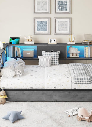 Twin Size Metal Platform Bed Frame with Bookcase Storage Headboard, LED Lights, Storage Drawers, and Charging Station in Oak Gray for Kids and Teens