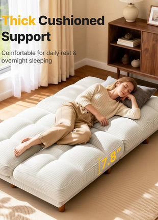 65-Inch Convertible Futon Sofa Bed with Adjustable Backrest, Ergonomic Recliner Sleeper Couch in Corduroy Fabric for Living Room, Office, or Guest Room (White)