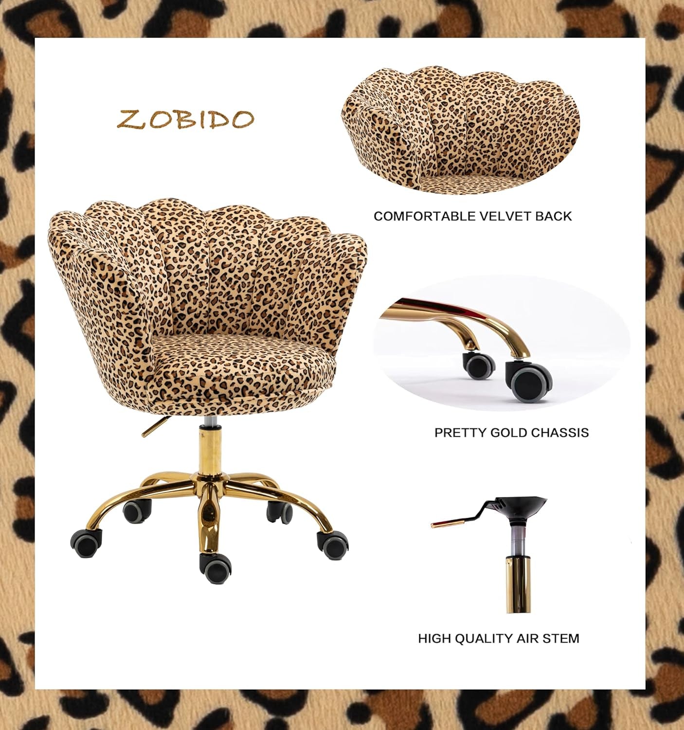 Comfy Home Office Task Chair with Wheels, Cute Modern Upholstered Velvet Seashell Back Adjustable Swivel Vanity Desk Chair, for Women, for Girls, Living Room(Leopard Stripe)
