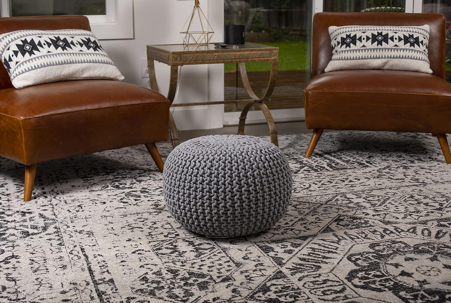 round Pouf Ottoman | Cotton Braided Foot Stool with Bean Bag Filling | Boho Foot Rest for Living Room & Bedroom | Compact & Comfortable Seating, Lightweight & Soft | Light Grey