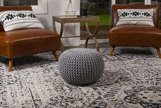 round Pouf Ottoman | Cotton Braided Foot Stool with Bean Bag Filling | Boho Foot Rest for Living Room & Bedroom | Compact & Comfortable Seating, Lightweight & Soft | Light Grey
