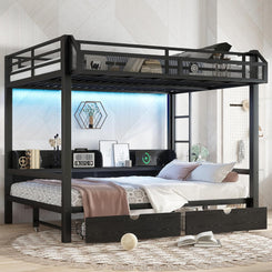 Queen over Queen Metal Bunk Bed with Storage Drawers and Shelves, Heavy Duty Bunk Beds with LED Lights and Charging Station for Kids,Adults,Convertible into a Sofa Bed,Black