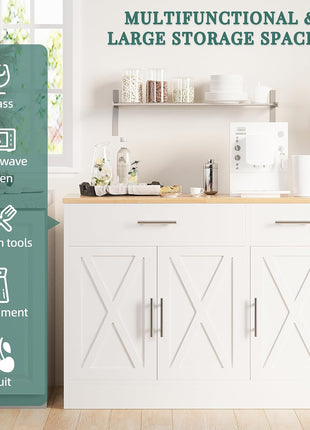 Modern Farmhouse 42" Sideboard Buffet Cabinet with Storage, Featuring 3 Barn Doors and Adjustable Shelves for Kitchen and Living Room, White Finish