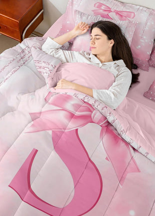 Personalized Pink Bowknot 7-Piece Twin Bedding Set for Kids, Princess Glitter Comforter with Monogrammed Initial and Sheets, Ideal Bedroom Decor for Teens