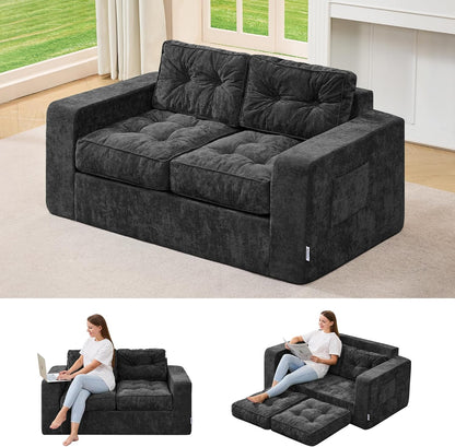Sofa Couch Loveseat Sofa with Chenille Fabric 2-Seater Sofa for Small Spaces Comfortable Foam Floor Sofa 2 in 1 Boneless Couch for Living Room Bedroom Apartment or Office (Grey, Loveseat)