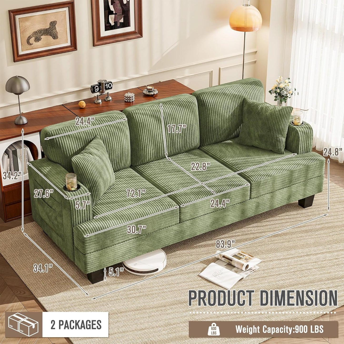 Couches for Living Room, 83" Couch with Soft Deep Seats, Modern Sofa 3 Seater in Corduroy for Apartment, Bedroom (Olive Green)