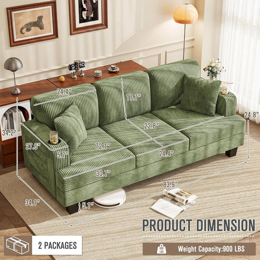 Couches for Living Room, 83" Couch with Soft Deep Seats, Modern Sofa 3 Seater in Corduroy for Apartment, Bedroom (Olive Green)