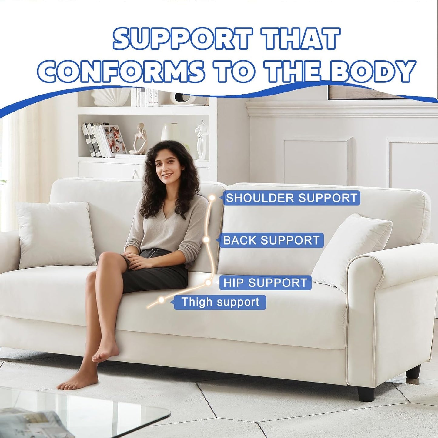 82.48" Velvet Upholstered Sofa Couch,3 Seater Couch Loveseat Sofa Furniture Comfy Couches for Living Room, Bedroom, Small Space(Beige White)