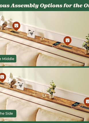 78.8-Inch Rustic Brown Narrow Console Table with Built-In Charging Station for Living Room and Entryway