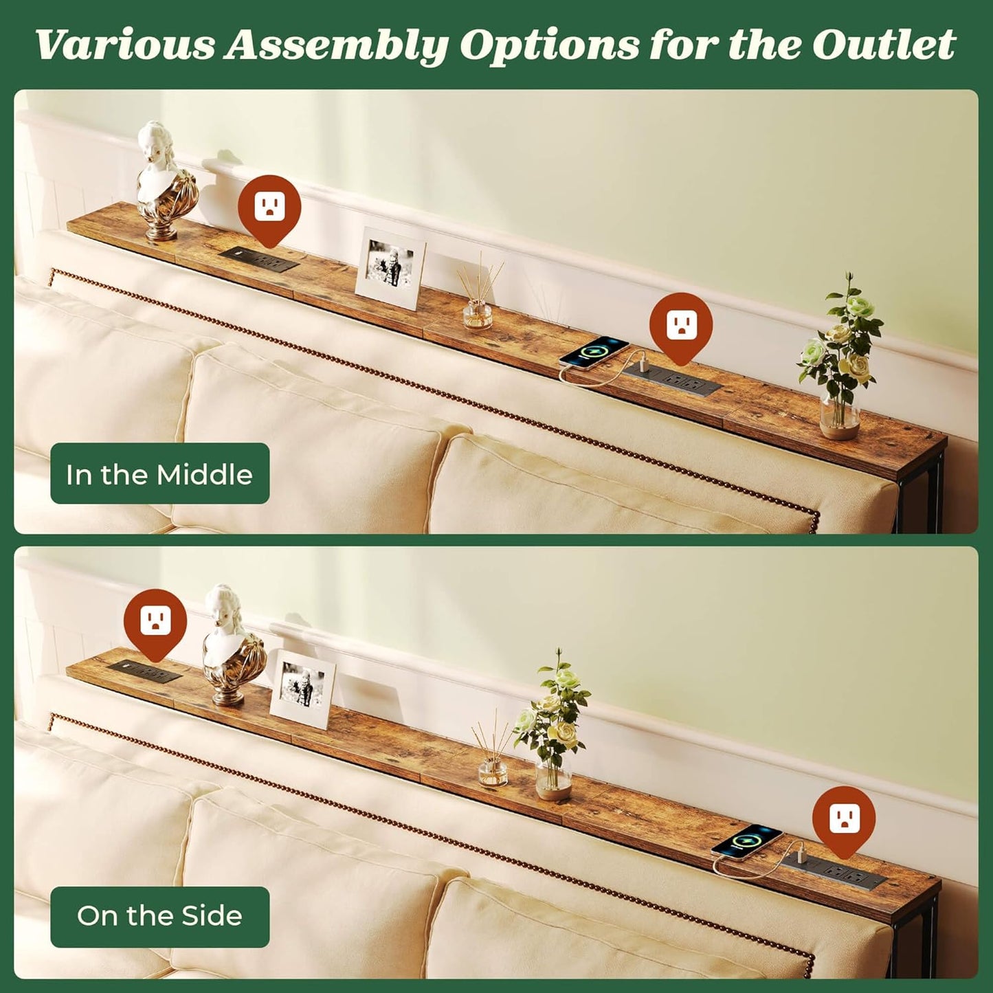 78.8 Inch Narrow Console Table with Outlet, Sofa Tables, behind Couch Table, Long Entryway Tables with Charging Station, for Living Room, Rustic Brown