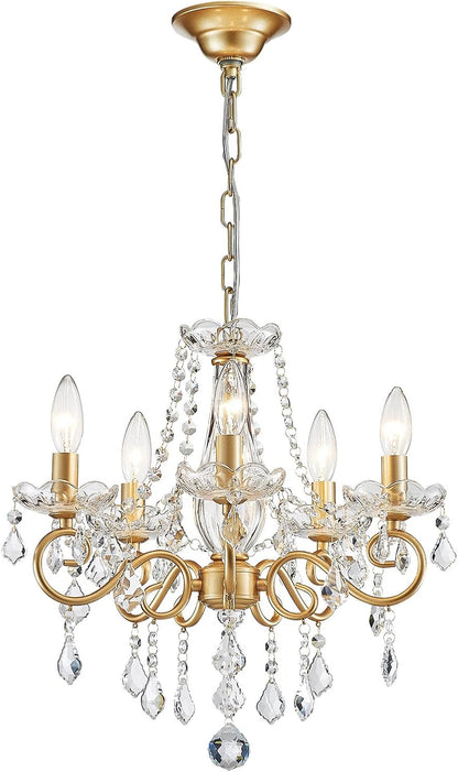 Mini Crystal Chandelier K9 Crystal Gold Chandelier for Living Room Bedroom Dining Room Kitchen Island Entryway 5 E12 Bulbs High 16.5 in X Diameter 16.9 In, Golden