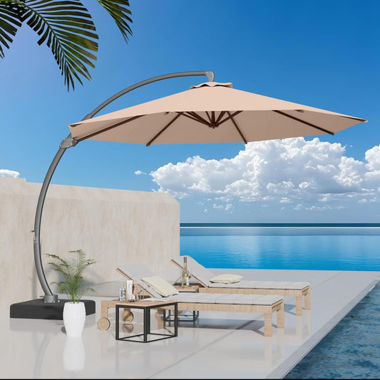 11Ft Offset Cantilever Patio Umbrella with Base Included, Large round Aluminum Outdoor Umbrella, 360° Rotation & Infinite Tilt, Heavy Duty Frame for Deck Pool Backyard, Beige