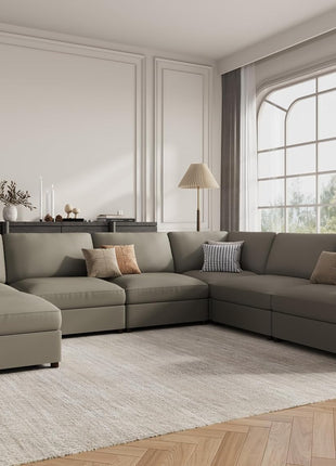 Oversized Light Grey Faux Leather Sectional with Chic U Shape and Comfortable Ottoman – Ideal for Cozy Gatherings and Stylish Living Room Decor