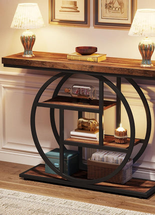 41.3" Industrial Console Table with Circular Base, 4-Tier Narrow Wood Accent Table Featuring Storage Shelves for Living Room, Hallway, and Foyer in Rustic Brown