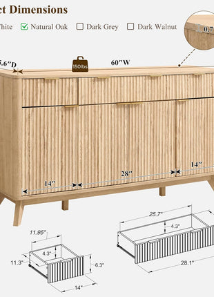 60-Inch Contemporary Fluted Buffet Sideboard Cabinet with Storage, Featuring 3 Drawers and 4 Doors, Ideal for Dining Room, Living Room, and Hallway in Natural Oak Finish