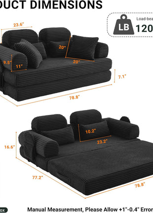78.8" Multifunctional Convertible Sofa Bed with High Backrest & Headrest - 5-in-1 Corduroy Couch with Side Pocket, No Assembly Needed, Washable Detachable Cover, Ideal for Living Room - Elegant Black Finish