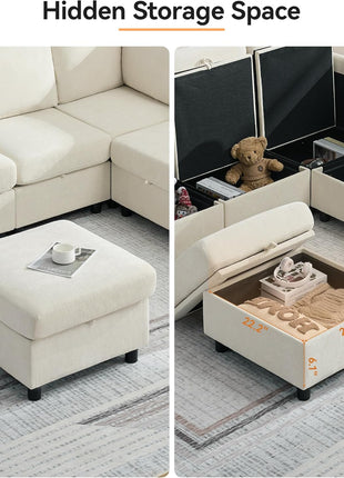 104'' V-Shaped Modular Sectional Sofa with Storage, 7-Seater Modern Cloud Couch and Movable Ottoman in Chenille Beige