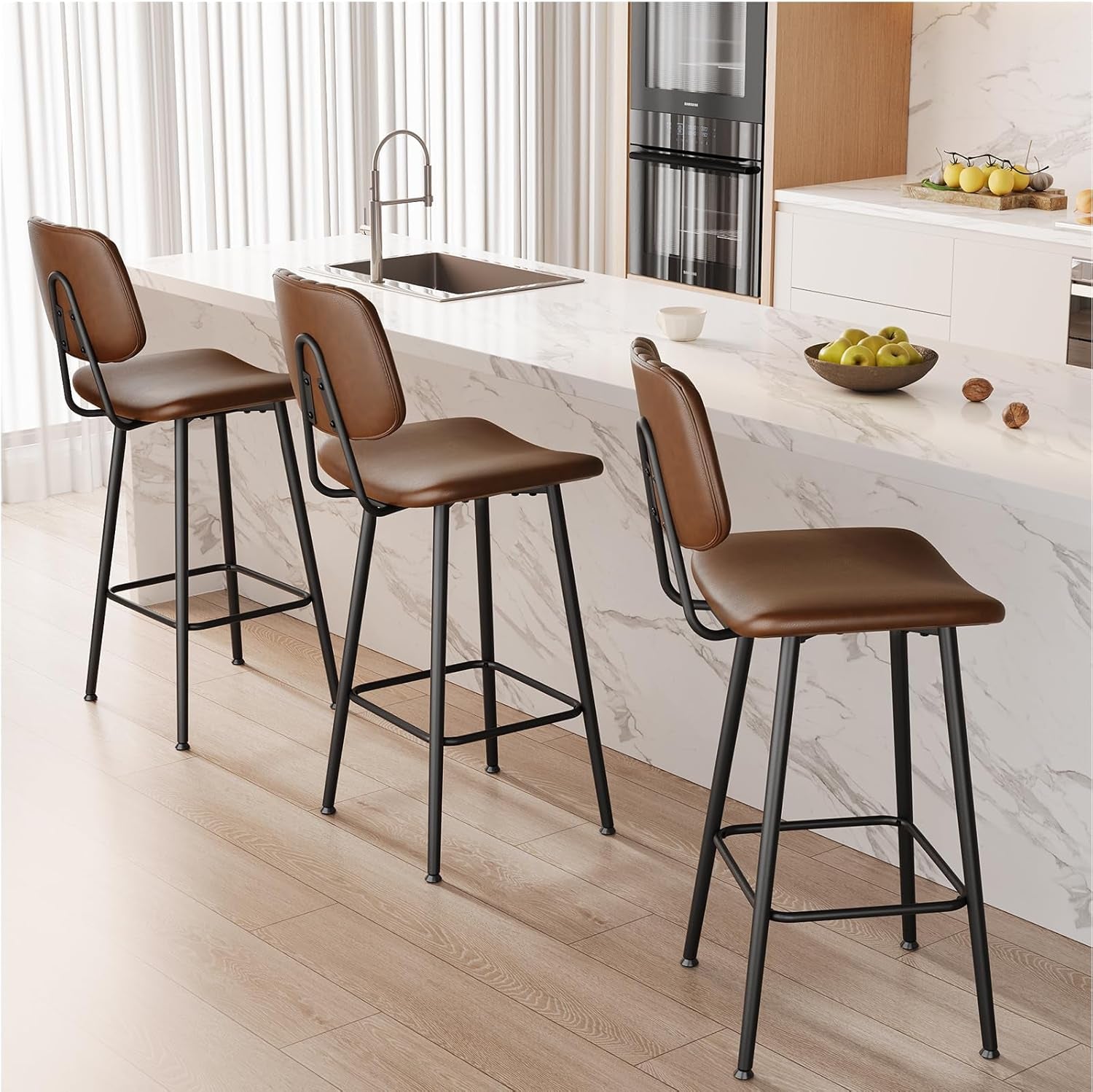 29-Inch Leather Bar Stools Set of 2, Counter Height Barstools with High Backrest，Bar Chairs for Kitchen Island with Heavy Duty Metal Legs, Dark Brown