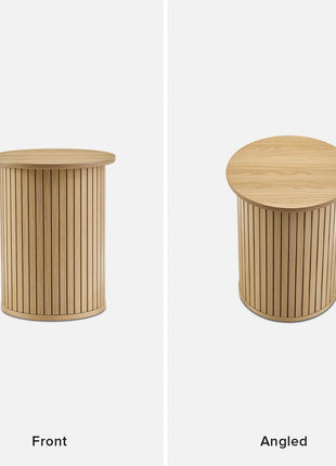 Quin Round Fluted Accent Table in Light Oak - Mid-Century Modern Pedestal Side Table for Living Room and Bedroom