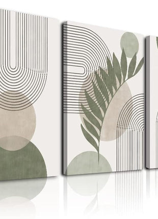 Sage Green Bohemian Wall Art Set of 3 - Minimalist Framed Geometric Line Art with Leaf, Sun, and Moon Designs on Beige and Green Canvas, Abstract Botanical Decor for Home and Office, 12" x 16