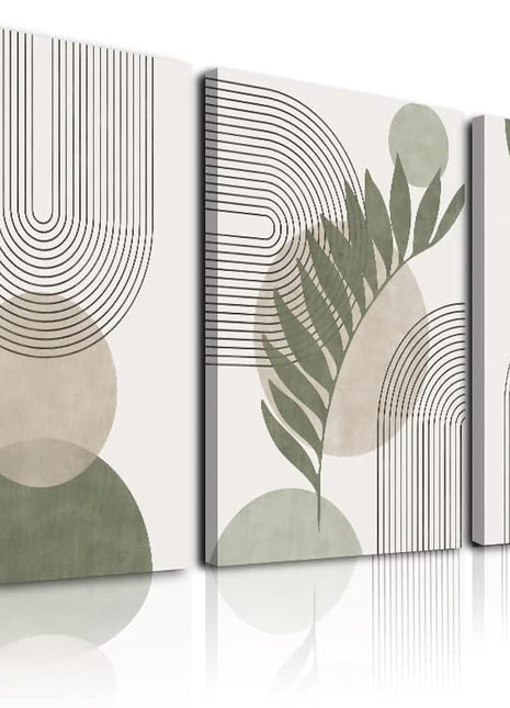 Sage Green Bohemian Wall Art Set of 3 - Minimalist Framed Geometric Line Art with Leaf, Sun, and Moon Designs on Beige and Green Canvas, Abstract Botanical Decor for Home and Office, 12" x 16