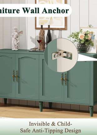 63" Mid-Century Modern Sideboard Buffet Cabinet with Carved Handles and Adjustable Shelves, Ideal for Living Room or Dining Room - Green