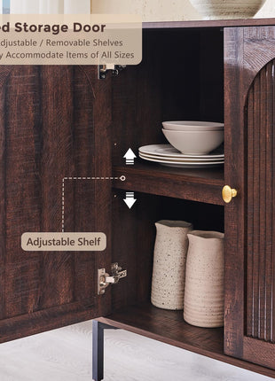 Modern Buffet Cabinet with Storage - 61.75" Fluted Arched Sideboard with Adjustable Shelves, Wooden Modular Coffee Bar for Dining Room, Kitchen, Living Room, and Entryway in Brown