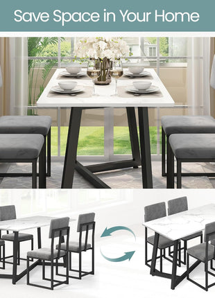 5-Piece Contemporary Minimalist Dining Set Featuring 47.24'' Faux Marble Table and Upholstered Chairs for Compact Living Spaces (Charcoal Velvet)