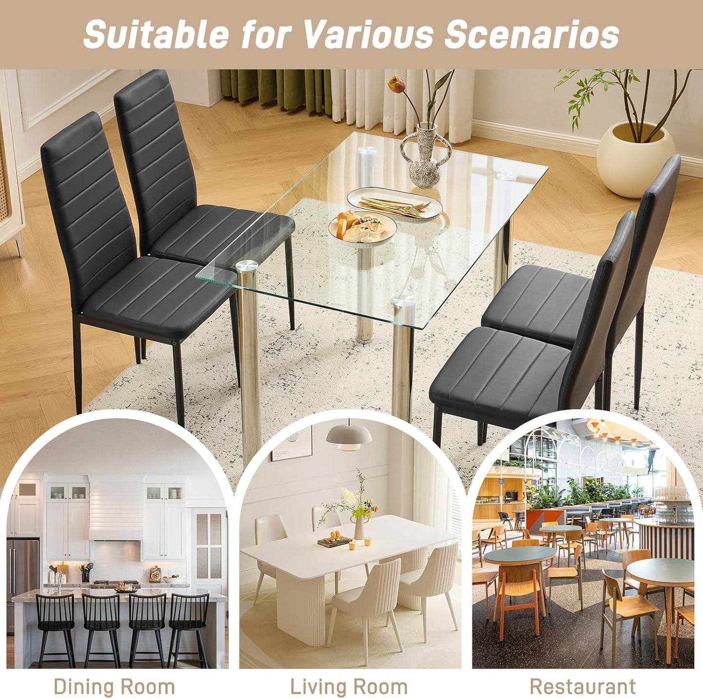 Dining Chairs Set of 4, PU Leather Balck Kitchen Chairs with Padded High Back & Foot Cap Protection for Dining Kitchen Living Room,300Lbs Capacity,Space-Saving