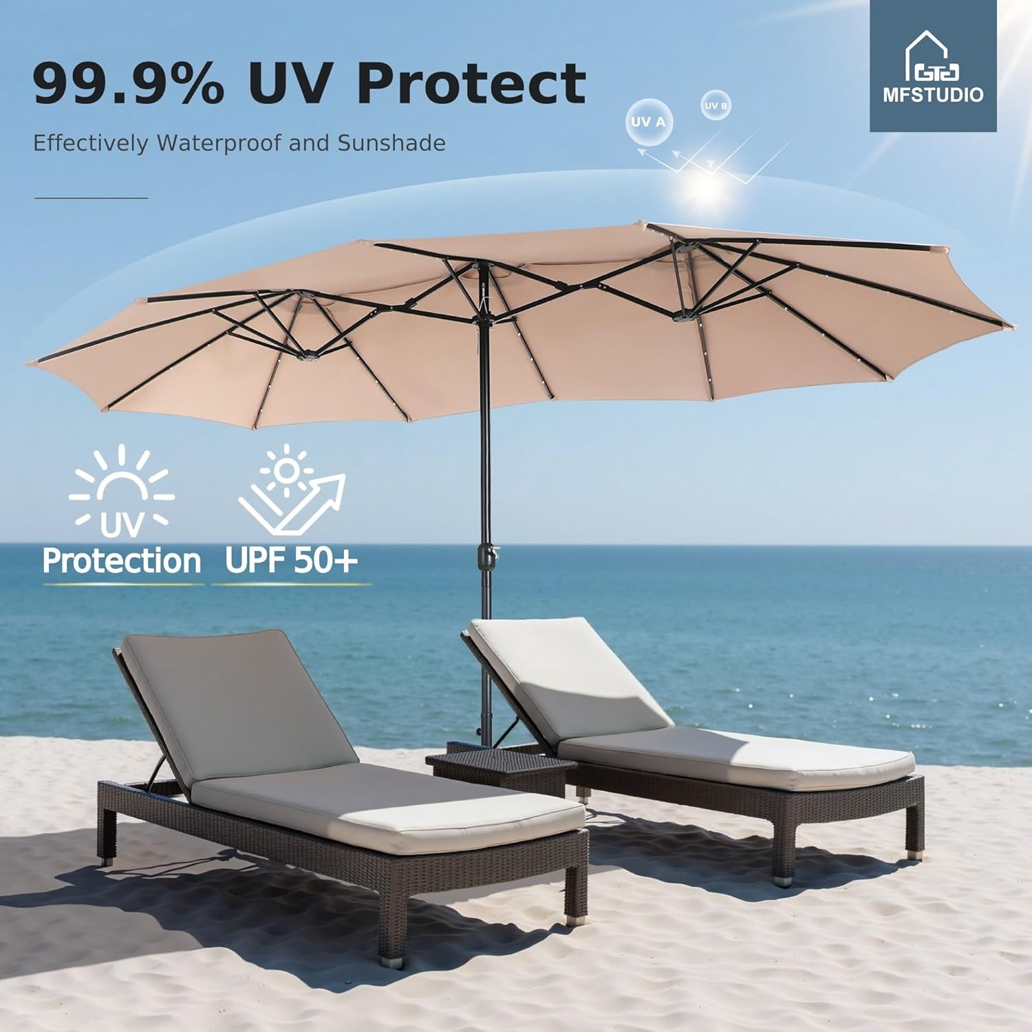 15Ft Double Sided Patio Umbrella with Solar Lights, Outdoor Large Umbrellas with Crank Handle and 36 LED Lights, Rectangular Market Umbrella with Base Included for Deck Pool Shade, Beige