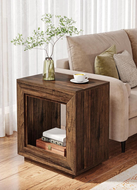 Rustic Wood End Table with Storage Shelf - 2-Tier Square Side Table for Living Room and Entryway (Rustic Brown)