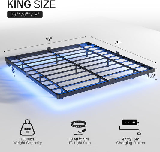 King Size Floating Bed Frame, Metal Platform, with LED Light and Charging Station, No Box Spring Needed, Noise-Free, Easy Assembly