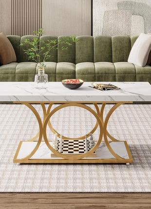 46.45” Contemporary Rectangle Coffee Table with Faux Marble Surface and Geometric Legs, Two-Tier Design Featuring Storage Shelf (White & Gold)