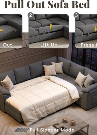 108-Inch U-Shaped Modular Sectional Sleeper Sofa Bed, 7-Seat Design with Storage, Corduroy Fabric, Removable Cover, Dark Grey