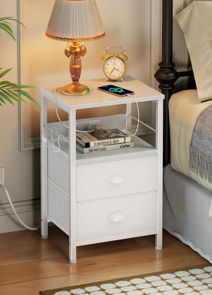 End Table with Built-in Charging Station, Fabric Drawer Nightstand, USB Port and Outlet, Storage Shelf and Hook for Living Room and Bedroom, White