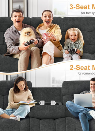 Gray Loveseat Recliner Sofa with Flip Middle Backrest, Storage Drawer, USB Ports, and Cup Holders - Manual 3-Seat Couch for Living Room or RV