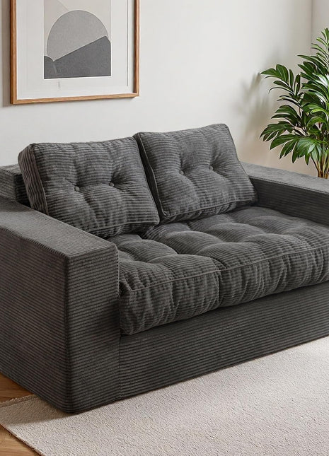 Upholstered Loveseat Sofa Couch and Bean Bag Chair Cloud for Adults, Boneless Design with Tufted Cushion and Pillows, Sofa in a Box, No Assembly Required, Dark Grey