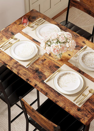Rustic Brown Dining Table Set for Four with Upholstered Chairs, Perfect for Kitchens and Compact Spaces