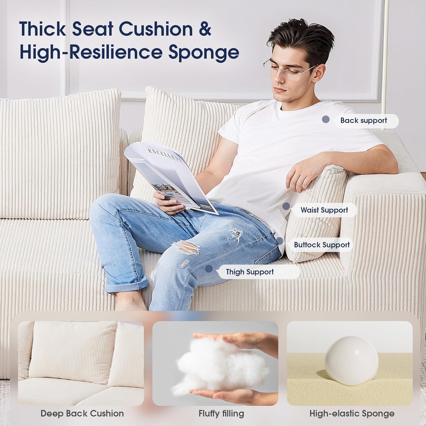 107'' Modular Sectional Sofa, L Shaped Cloud Couch for Living Room, Modern Boneless Sofa with Chaise for Bedroom, Beige