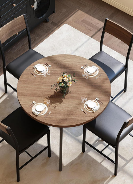 Round Dining Table Set for Four - Compact Kitchen and Dining Room Furniture with Durable Metal Frame and Walnut Finish