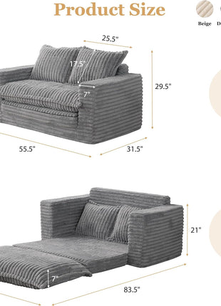 Convertible Loveseat Sleeper Sofa - 3-in-1 Pull-Out Futon Couch with Cushions and Pillows in Dark Grey for Living Room Decor