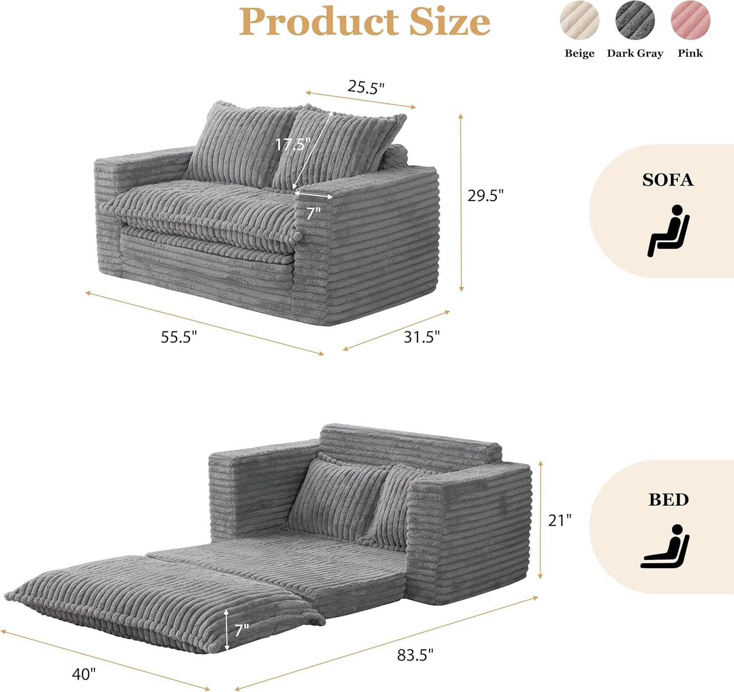 Loveseat Sleeper Sofa, Convertible Sofa Bed Couch Futon Couches for Living Room, 3-In-1 Pull Out Floor Couch with Washable Cushion and Pillows, Dark Grey