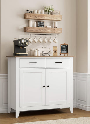 Ivory White Modern Farmhouse Kitchen Storage Cabinet with Buffet and Coffee Bar, Featuring 2 Drawers and 2 Doors, Ideal Versatile Sideboard for Living Room, Dining Room, and Bathroom