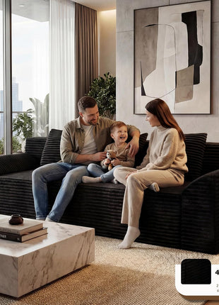 71-Inch Modern Corduroy Sofa with Deep Seats and 3 Lumbar Pillows, Compressed Design for Living Room, Office, or Apartment, No Assembly Required, Curved Armrests (Black)