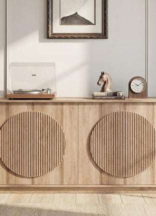 Contemporary Buffet Cabinet with Storage, Round Fluted Door Sideboard with Shelves, Wooden Modular Coffee Bar, Deep Beveled Design for Dining Room, Kitchen, Living Room, Entryway, 63" Natural Oak