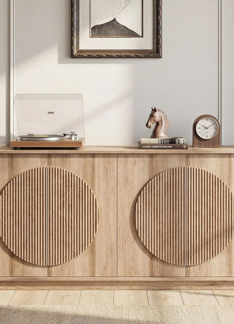 Contemporary Buffet Cabinet with Storage, Round Fluted Door Sideboard with Shelves, Wooden Modular Coffee Bar, Deep Beveled Design for Dining Room, Kitchen, Living Room, Entryway, 63" Natural Oak