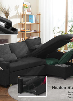 Contemporary Dark Gray 2-in-1 Pull-Out Sectional Sofa Bed with Storage, USB Ports, and Cup Holder - Ideal for Apartment Living Spaces
