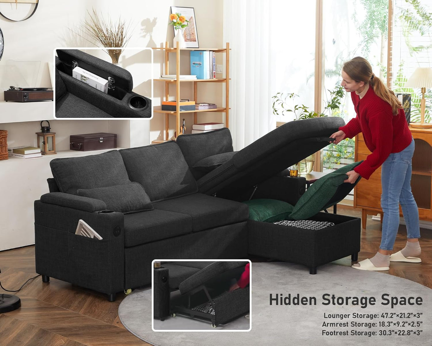 Sofa Bed Sleeper Pull Out 2 in 1 Sectional Sleeper Sofa Couches with Storage,Usb, Cup Holder,Pullout Sectional Couches for Apartment Living Room (Dark Gray)